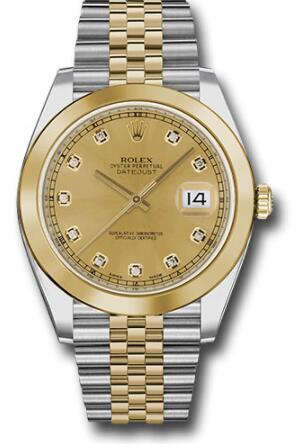 Replica Rolex Steel and Yellow Gold Rolesor Datejust 41 Watch 126303 Smooth Bezel Champagne Diamond Dial Jubilee Bracelet